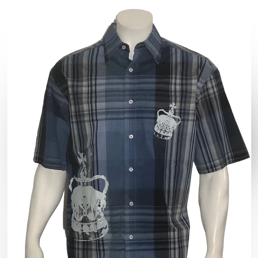Sean John Button Up Shirt Casual SHORT SLEEVE BLUE PLAID CROWN DESIGN Medium